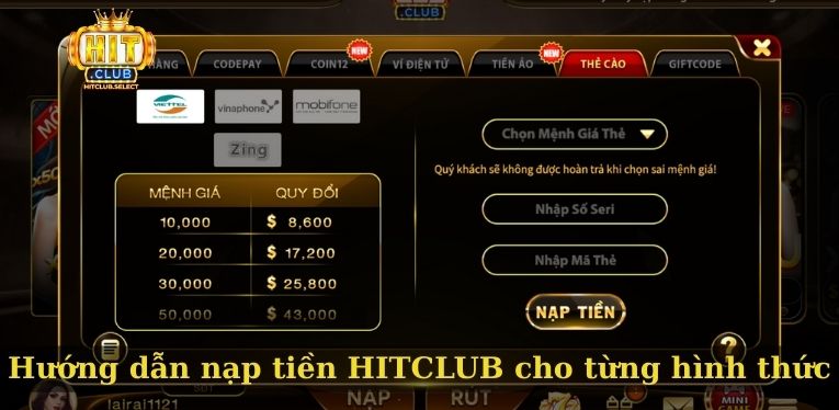 Nạp tiền HITCLUB - Hướng dẫn tạo vốn chơi game siêu chuẩn 2 Hướng dẫn nạp tiền HITCLUB cho từng hình thức